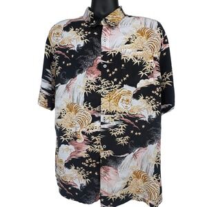 7 Diamonds Tiger Print Rayon Camp Shirt Mens XL Black Japanese Bamboo Button Up